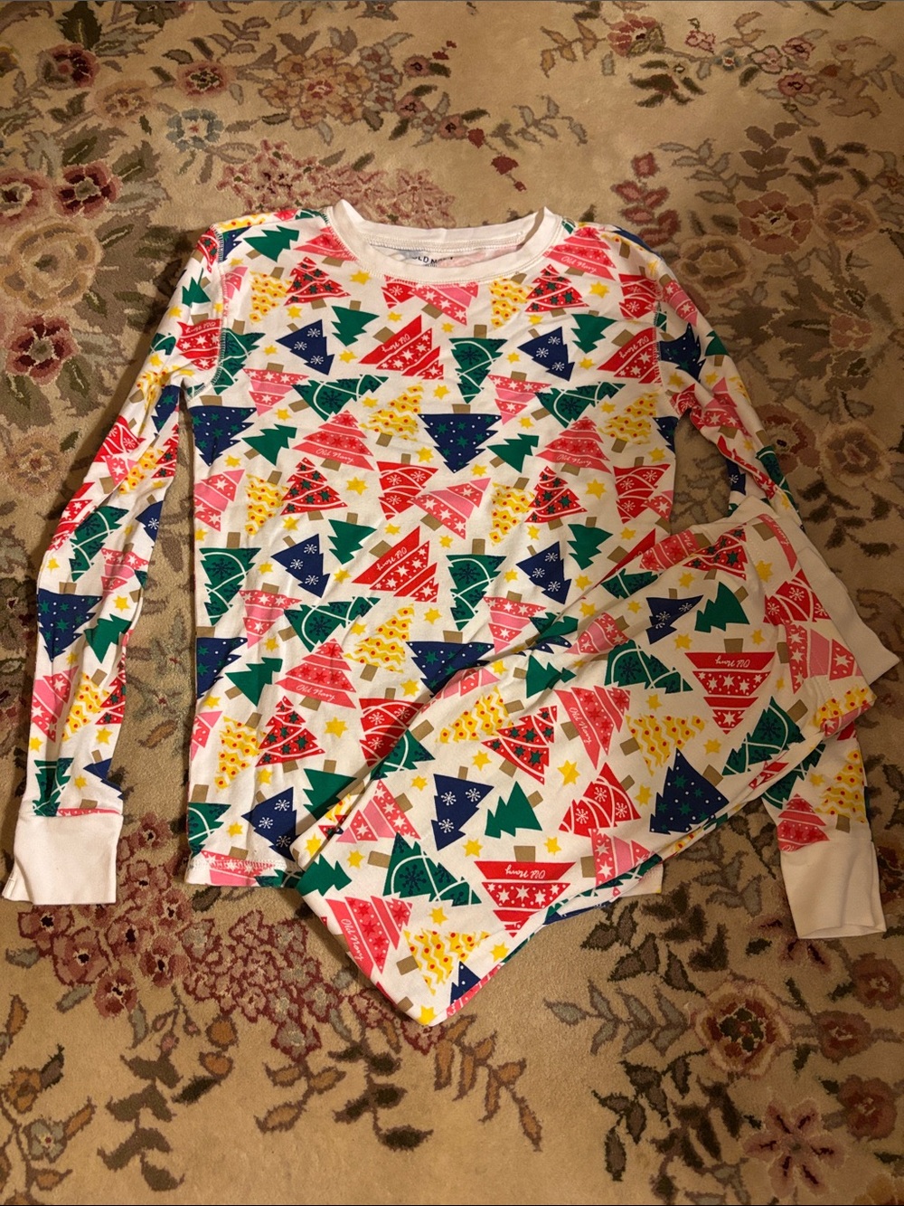 Old Navy White Long-Sleeve Top with Multicolor Holiday Tree Print